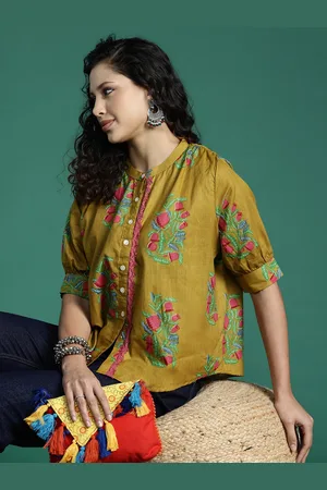 Sangria Floral Print Mandarin Collar Pure Cotton Top