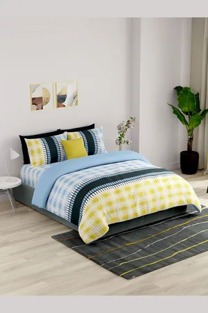 Benetton Yellow & Blue Checked Pure Cotton Extra Large Bedding Set