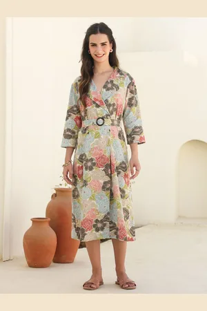JISORA Women Floral Printed A-Line Midi Dress With Belt Detailed