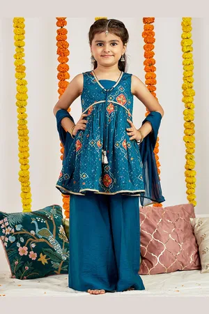 Vastramay Girls Bandhani Embroidered Empire Sequinned Kurta With Palazzos & Dupatta