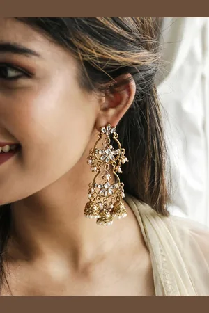 Fida Gold Plated Artificial Stones and Beads Studded Contemporary Chandbalis Earrings