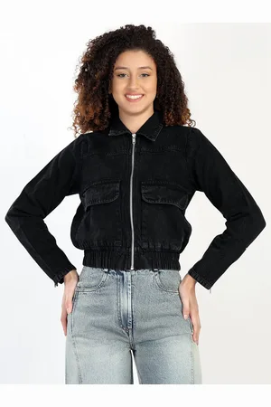 Chemistry Washed Spread Collar Crop Denim Jacket