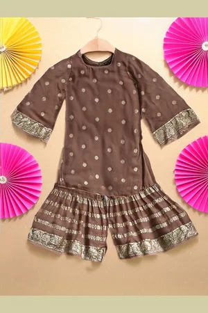 Bella Moda Girls Ethnic Motifs Woven Design Silk Crepe Kurti with Sharara
