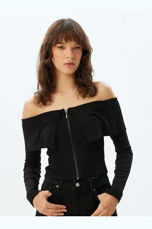 Koton Women Solid Off-Shoulder Long Sleeves Front-Open Crop Sweaters