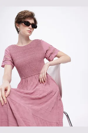 French Connection Smocked Self Checked Tiered A-Line Midi Dress
