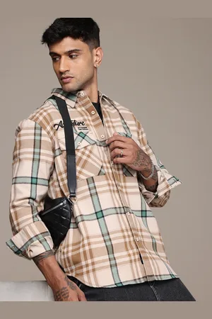Roadster The Life Co. Typography Embroidered Relaxed Fit Checked Casual Shacket