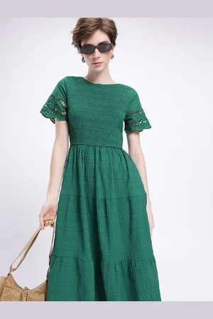 French Connection Smocked Self Checked Tiered A-Line Midi Dress
