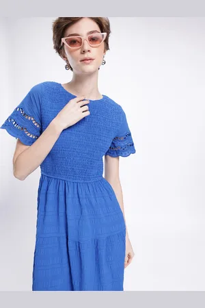 French Connection Smocked Self Checked Tiered A-Line Midi Dress