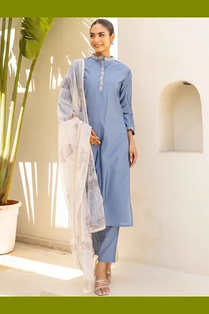 HERE&NOW Women Embroidered Regular Thread Work Pure Silk Kurta with Trousers & With Dupatta
