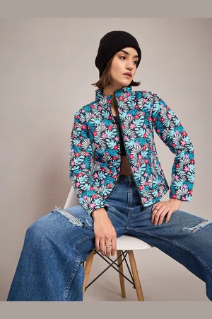 Sassafras Women Black & Blue Floral Printed Quilted Jacket