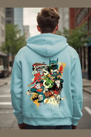 Bewakoof Green Justice League Printed Hooded Cotton Oversized Pullover Sweatshirt