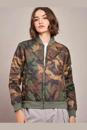 Sassafras Women Olive Green & Brown Camouflage Printed Bomber Jacket