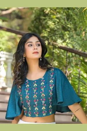 Juniper Women Floral Embroidered Flutter Sleeve Boxy Top