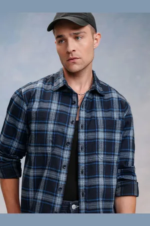 LocoMotive Premium Men Navy Blue Checked Utility Pocket Oversized Overshirt