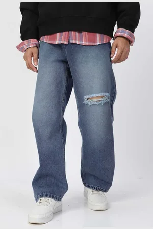 URBANO Men Pure Cotton Loose Relaxed Fit Slash Knee Heavy Fade Jeans