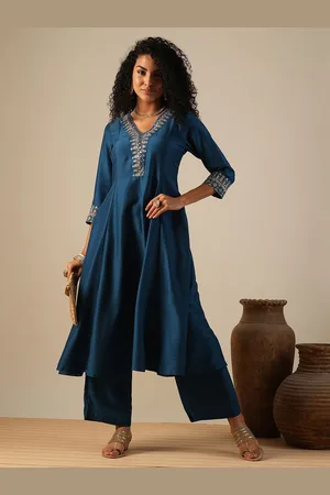 Globus Teal Blue Floral Yoke Design Panelled Zari Anarkali Kurta with Trousers