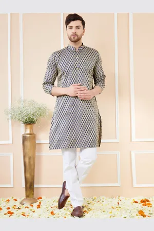 See Designs Ethnic Motifs Printed Mandarin Collar Jacquard Silk Straight Kurta