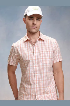 LocoMotive Premium Men Peach Seersucker Checked Sports Casual Shirt