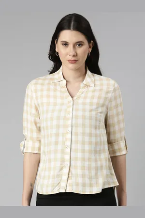 Twin Birds Women Checked Viscose High Low Curved Hem Long Sleeve Casual Shirt
