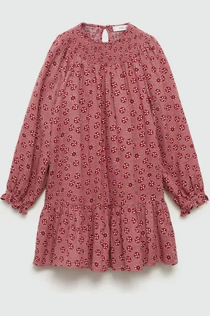 MANGO Girls Floral Print Puff Sleeves Pure Cotton Drop-Waist Dress
