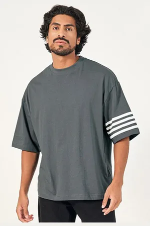 Styli Men Striped Sleeve Boxy Fit Compact Jersey T-Shirt With wide Mock Neck Detail
