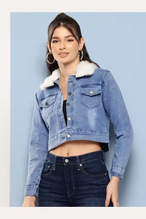 Roadster The Lifestyle Co Cotton Spread Collar Cropped Denim Jacket