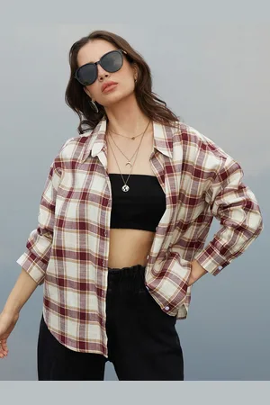 Campus Women Comfort Spread Collar Tartan Checked Oversized Casual Shirt