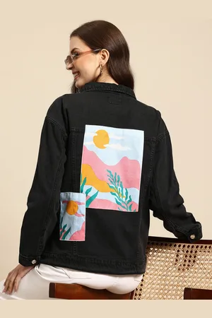 Mast & Harbour Graphic Printed Drop-Shoulder Sleeves Pure Cotton Trucker Denim Jacket