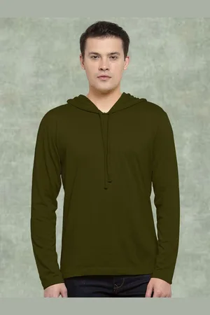 Friskers Men Olive Cotton Solid Hoodie T-shirt