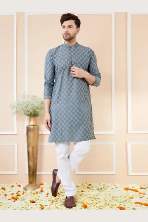 See Designs Ethnic Motifs Printed Mandarin Collar Jacquard Silk Straight Kurta
