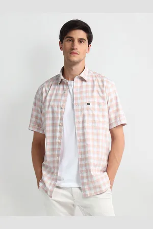 Arrow Gingham Checked Spread Collar Short Sleeves Linen Casual Shirt