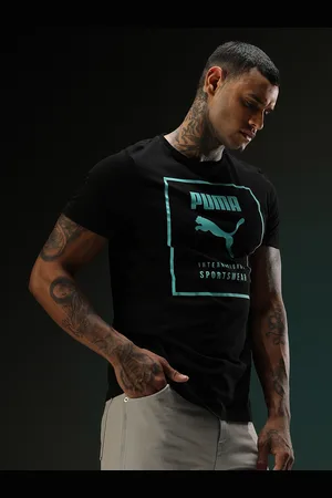 PUMA Men Black & Turquoise Blue Brand Logo Printed Slim Fit T-shirt