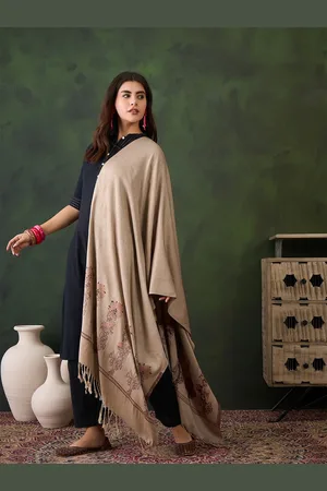 Sangria Ethnic Floral Motifs Border Woven Design Winter Pashmina Shawl
