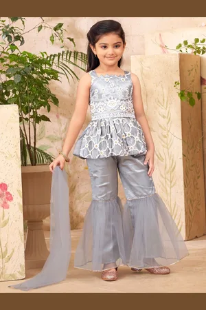 Sangria Girls Grey Floral Embroidered Shoulder Straps Neck Net Kurti & Sharara & Dupatta