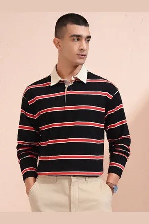 Highlander Men Striped Polo Collar Drop-Shoulder Sleeves T-shirt