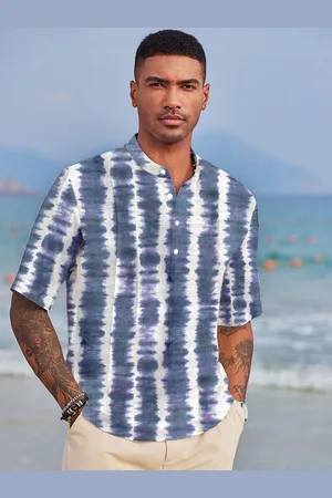 Anouk Blue Tie & Dyed Mandarin Collar Cotton A-Line Short Kurta