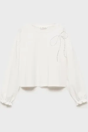 MANGO Girls Drop-Shoulder Sleeves Pure Cotton T-shirt With Rhinestone Detail
