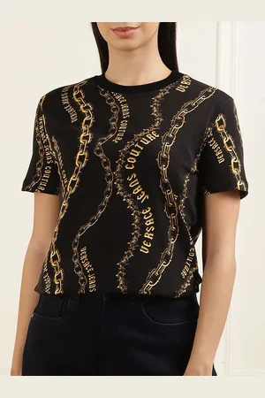VERSACE Women Abstract Printed Round Neck Cotton Slim Fit T-shirt