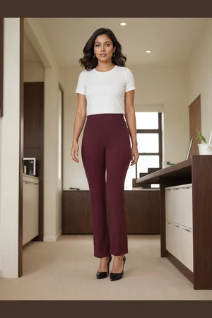 BlissClub Women Burgundy Regular High Waisted Flare Pants with 4 Pockets