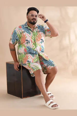 Bushirt Plus Size Tropical Printed Cuban Collar Short Sleeves Shirt With Shorts