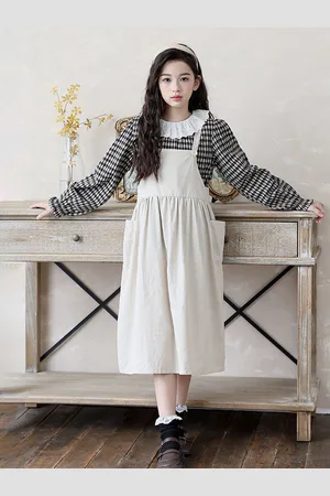 LULU & SKY Girls Shoulder Straps Cotton Pinafore Midi Dress