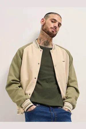 The Bear House Men Stand Collar Colourblocked Casual Lightweight Bomber Jacket