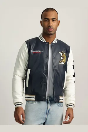ICONIC Men Stand Collar Graphic Embroidered Casual Varsity Jacket
