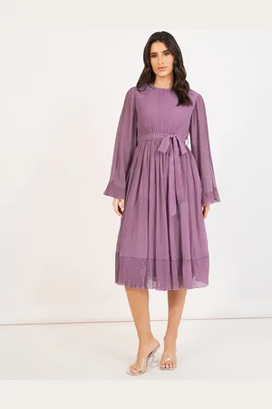 Styli Women Pleated A-Line Midi Length Dress With Flare Sleeves