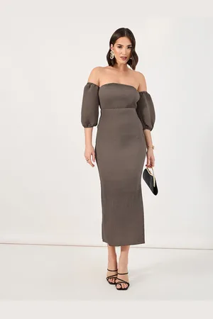 Styli Off-Shoulder Puff Sleeve Sheath Midi Dress