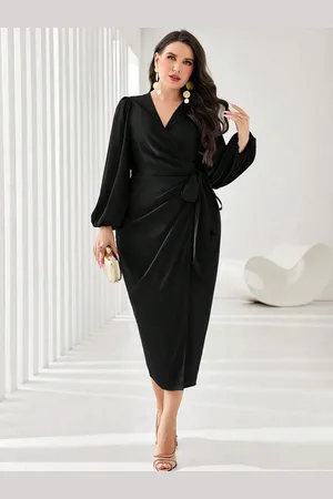 JC Mode Women V-Neck Long Puff Sleeves Wrap Midi Dress