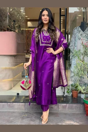 Lilots Floral Embroidered Thread Work Chanderi Silk Kurta with Trouser & Dupatta