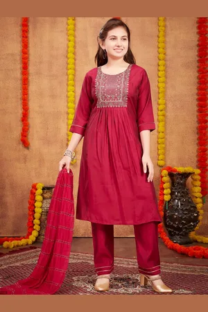 Sangria Girls Yoke Design Pure Silk A-Line Kurta & Trouser Set