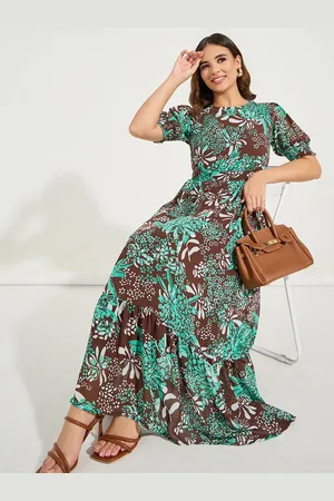 Styli Floral Print Puff Sleeve A-Line Maxi Dress