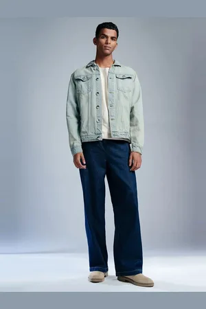 FREAKINS Men Spread Collar Washed Self Design Cotton Casual Denim Jacket